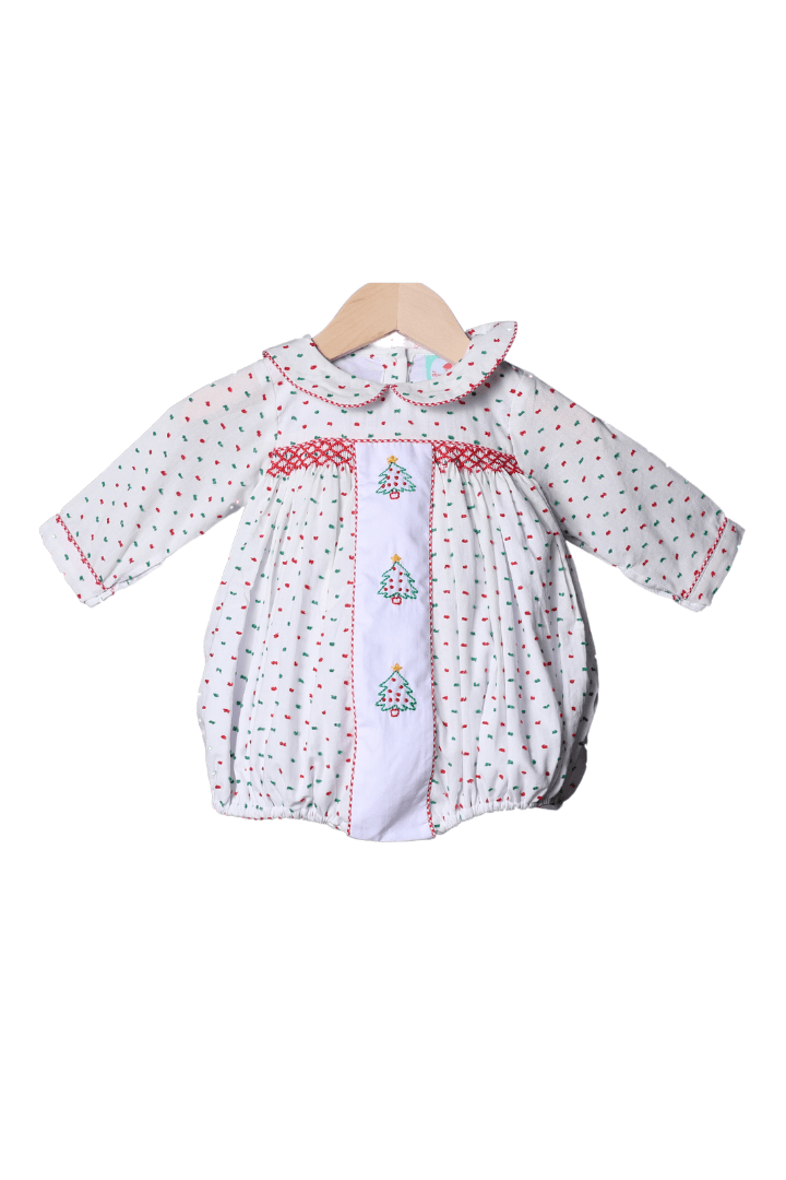 The Smocked Flamingo Apparel & Accessories Shadow Embroidery Christmas Tree Swiss Dot Bubble