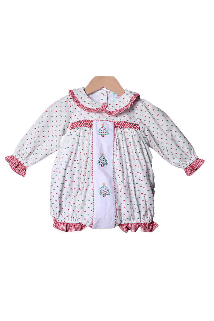 The Smocked Flamingo Apparel & Accessories Shadow Embroidery Christmas Tree Swiss Dot Ruffle Bubble