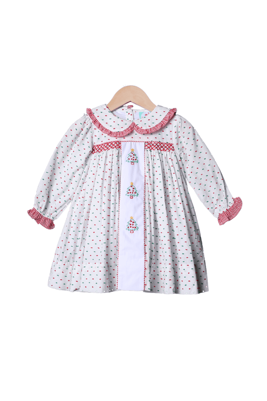 The Smocked Flamingo Apparel & Accessories Shadow Embroidery Christmas Tree Swiss Dot Ruffle Dress