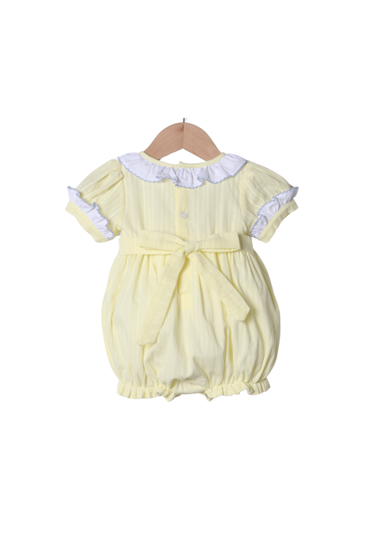 The Smocked Flamingo Apparel & Accessories Shadow Embroidery Easter Bunny Basket Yellow Linen Bubble