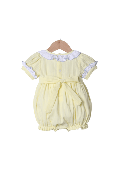 The Smocked Flamingo Apparel & Accessories Shadow Embroidery Easter Bunny Basket Yellow Linen Bubble