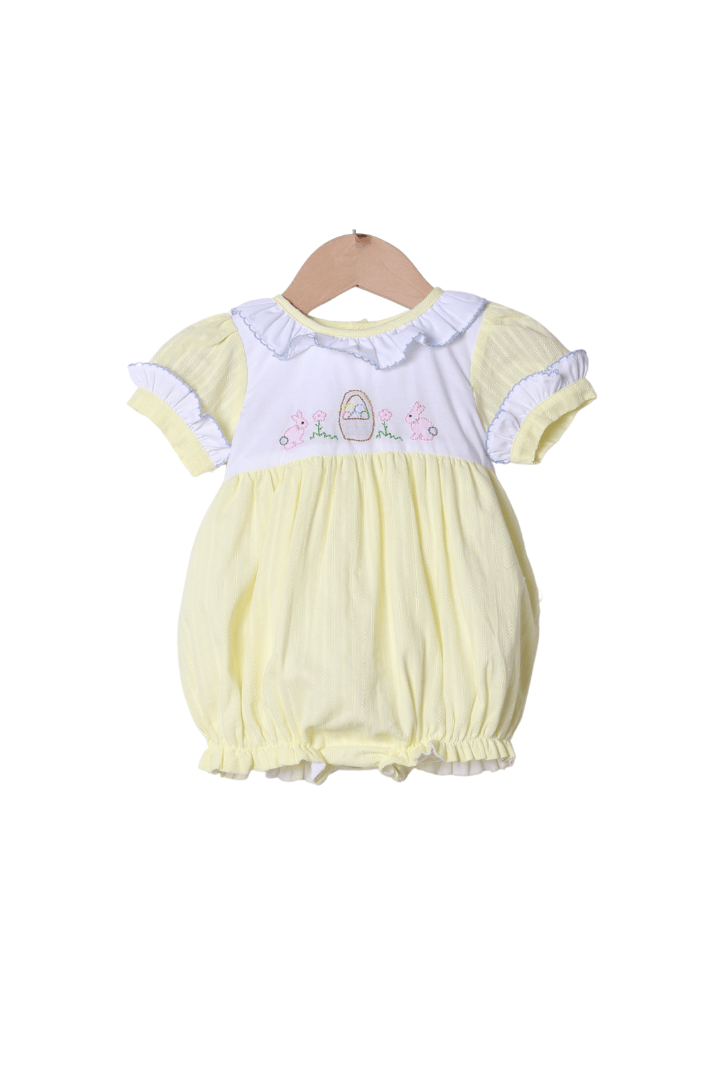 The Smocked Flamingo Apparel & Accessories Shadow Embroidery Easter Bunny Basket Yellow Linen Bubble