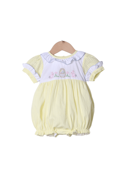 The Smocked Flamingo Apparel & Accessories Shadow Embroidery Easter Bunny Basket Yellow Linen Bubble