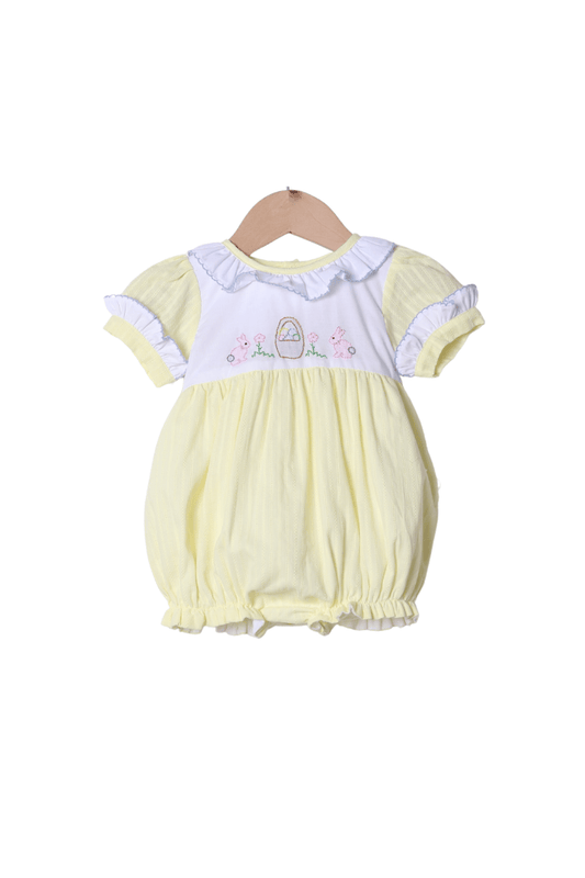 The Smocked Flamingo Apparel & Accessories Shadow Embroidery Easter Bunny Basket Yellow Linen Bubble