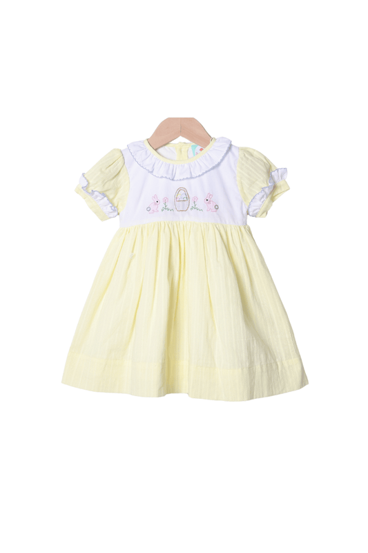 The Smocked Flamingo Apparel & Accessories Shadow Embroidery Easter Bunny Basket Yellow Linen Dress