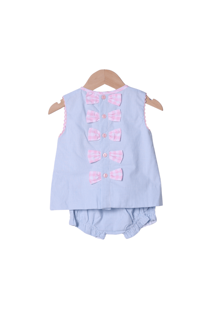 The Smocked Flamingo Apparel & Accessories Shadow Embroidery Princess Blue Gingham Bow Bloomer Set