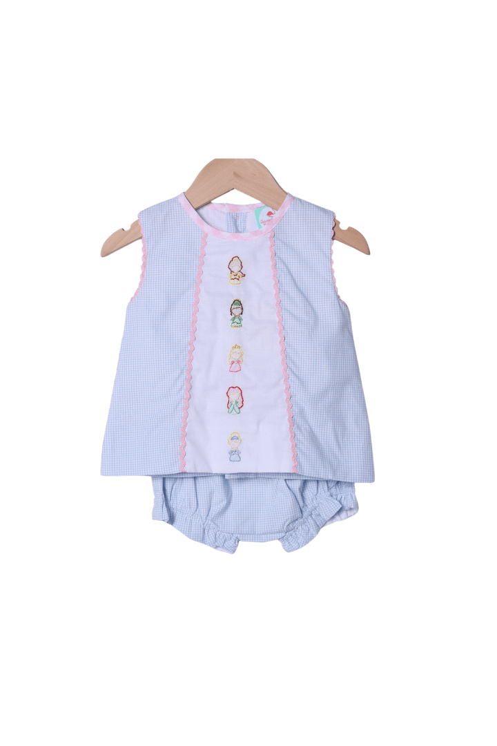 The Smocked Flamingo Apparel & Accessories Shadow Embroidery Princess Blue Gingham Bow Bloomer Set