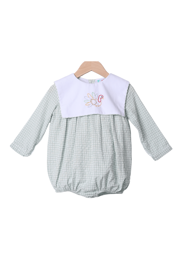 The Smocked Flamingo Apparel & Accessories Shadow Embroidery Turkey Sage Windowpane Apron Bubble