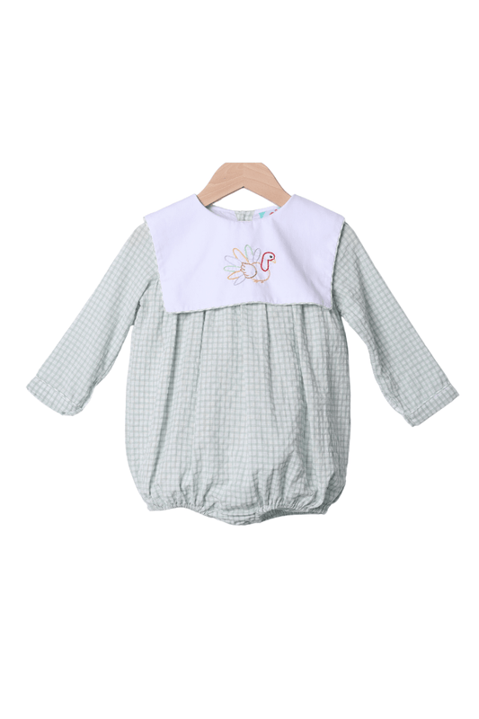 The Smocked Flamingo Apparel & Accessories Shadow Embroidery Turkey Sage Windowpane Apron Bubble