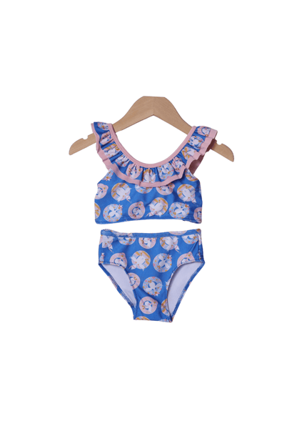 The Smocked Flamingo Apparel & Accessories Silly Goose Blue and Pink Ruffle 2 Pc Swimsuit