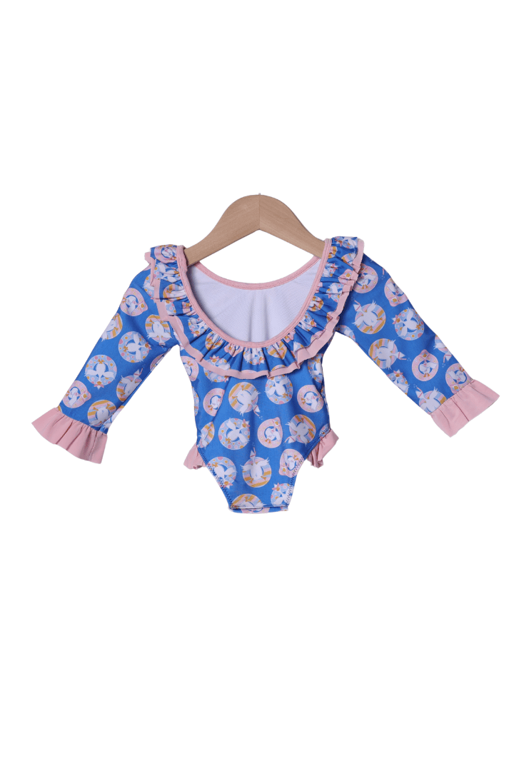 The Smocked Flamingo Apparel & Accessories Silly Goose Blue and Pink Ruffle Swimsuit