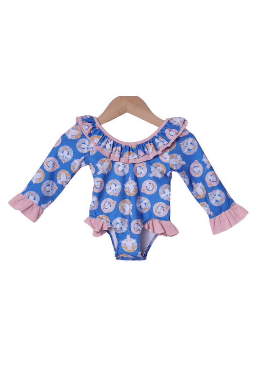 The Smocked Flamingo Apparel & Accessories Silly Goose Blue and Pink Ruffle Swimsuit