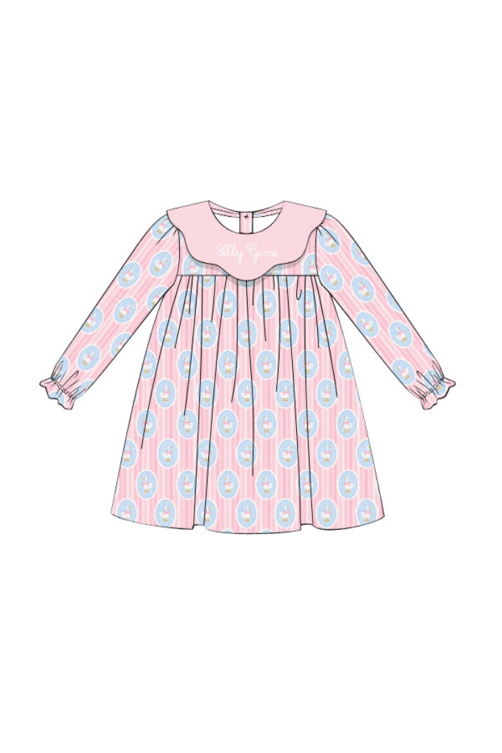 The Smocked Flamingo Apparel & Accessories Silly Goose Pink and Blue Scalloped Collar Dress