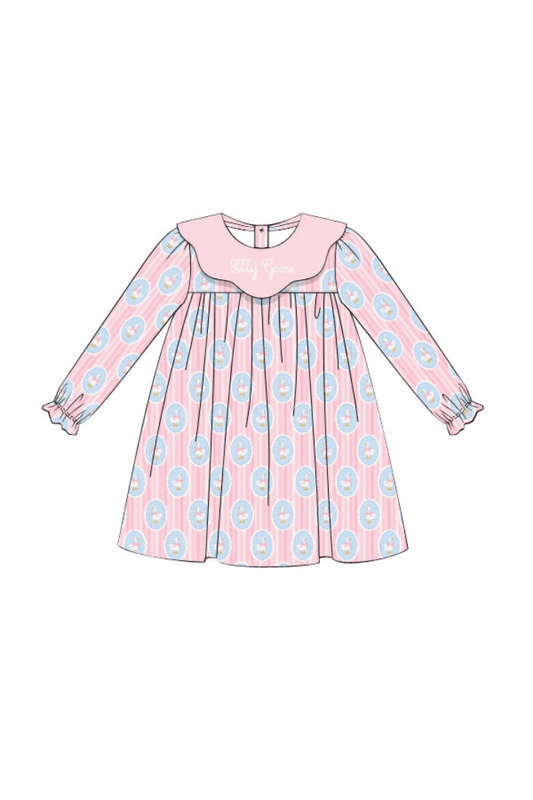 The Smocked Flamingo Apparel & Accessories Silly Goose Pink and Blue Scalloped Collar Dress