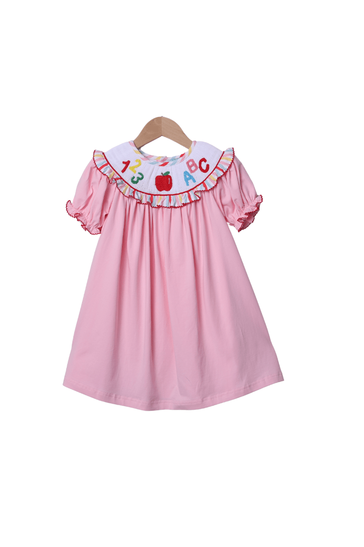 The Smocked Flamingo Apparel & Accessories Smocked ABC/123 Pink/Multi Color Stripe Dress