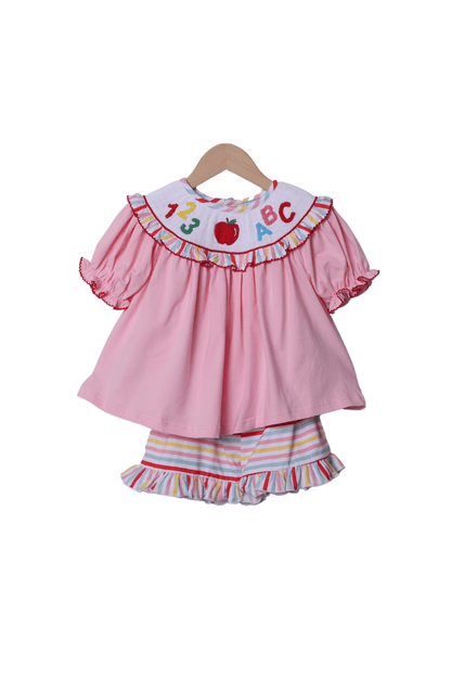 The Smocked Flamingo Apparel & Accessories Smocked ABC/123 Pink/Multi Color Stripe Short Set