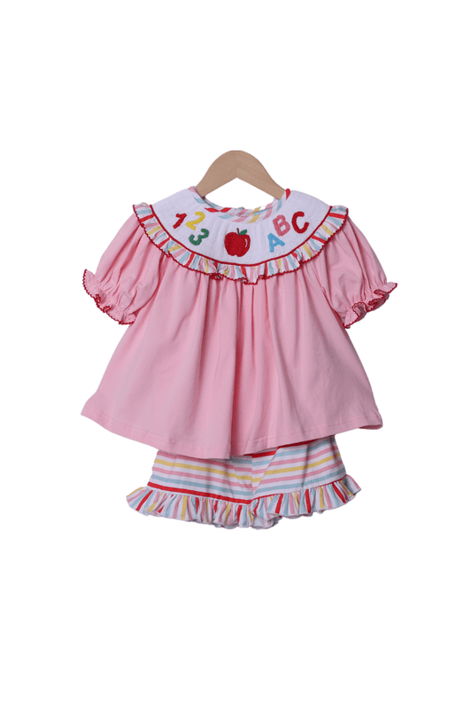 The Smocked Flamingo Apparel & Accessories Smocked ABC/123 Pink/Multi Color Stripe Short Set