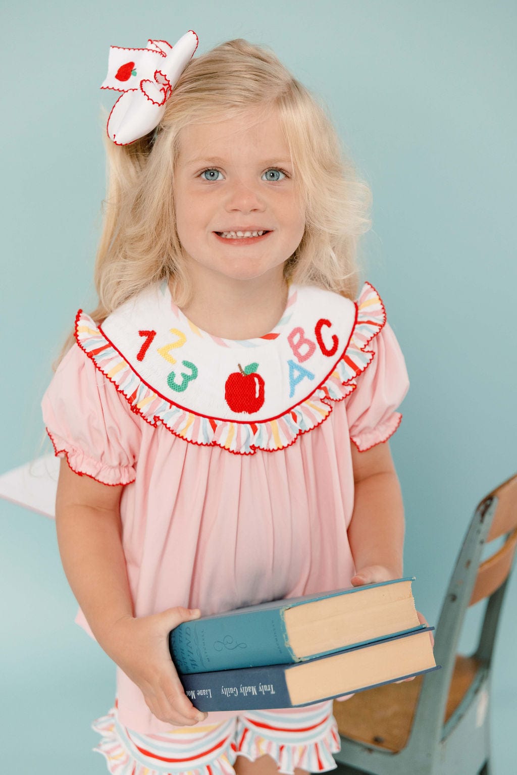 The Smocked Flamingo Apparel & Accessories Smocked ABC/123 Pink/Multi Color Stripe Short Set