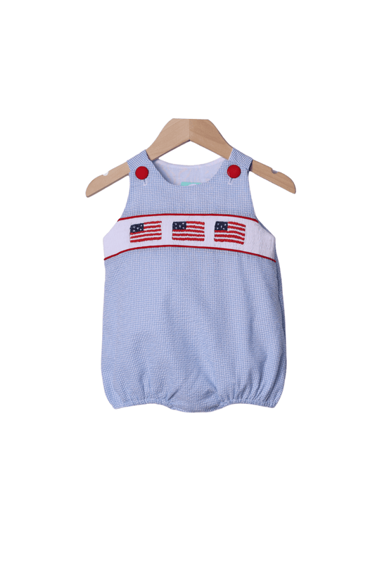 The Smocked Flamingo Apparel & Accessories Smocked American Flag Blue Seersucker Bubble
