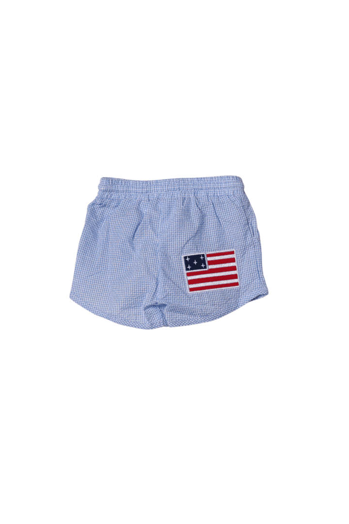 The Smocked Flamingo Apparel & Accessories Smocked American Flag Blue Seersucker Short Set