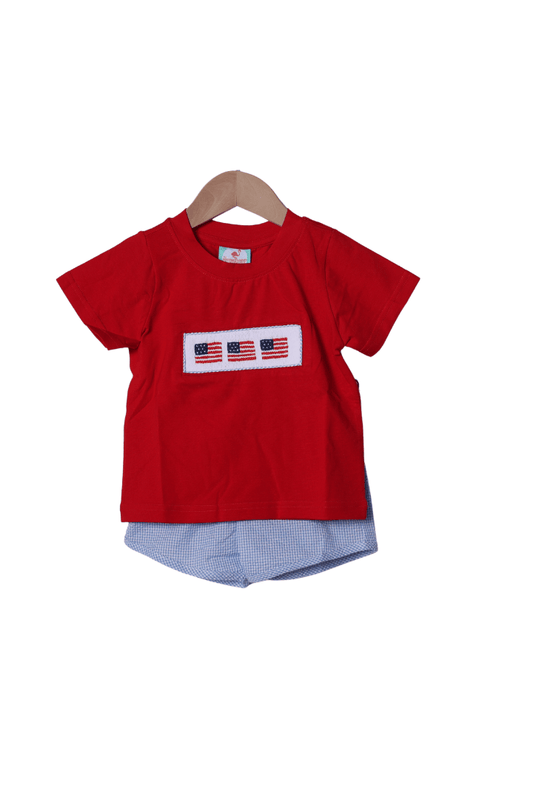 The Smocked Flamingo Apparel & Accessories Smocked American Flag Blue Seersucker Short Set