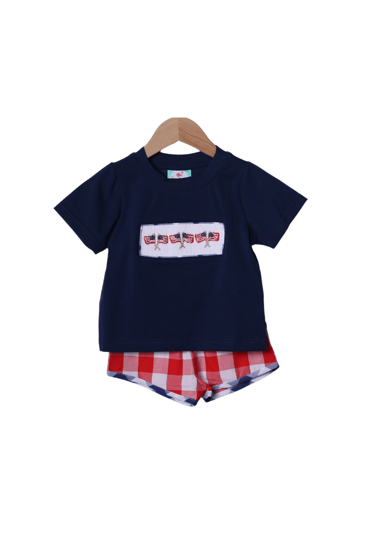 The Smocked Flamingo Apparel & Accessories Smocked American Flag Red Buffalo Check Short Set