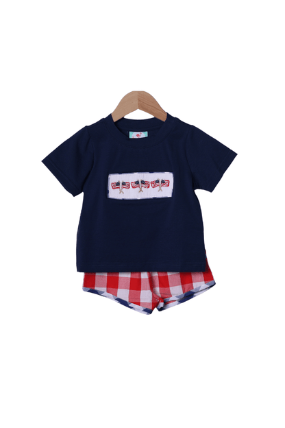 The Smocked Flamingo Apparel & Accessories Smocked American Flag Red Buffalo Check Short Set