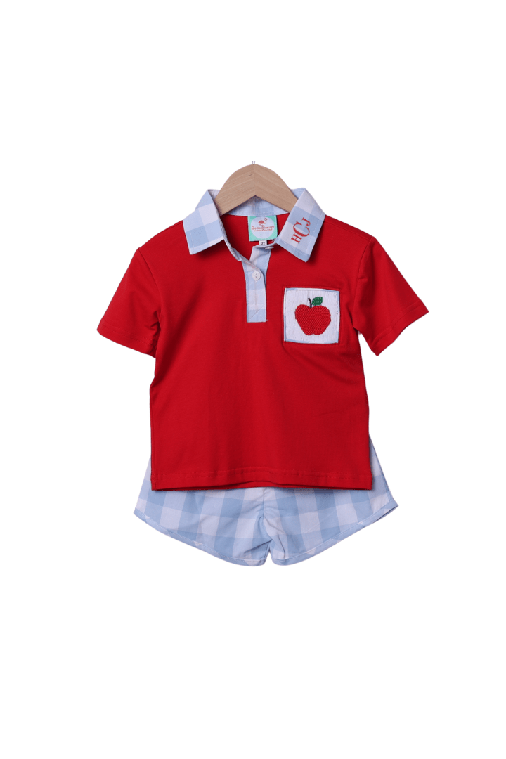 The Smocked Flamingo Apparel & Accessories Smocked Apple Red/Blue Gingham Polo Short Set