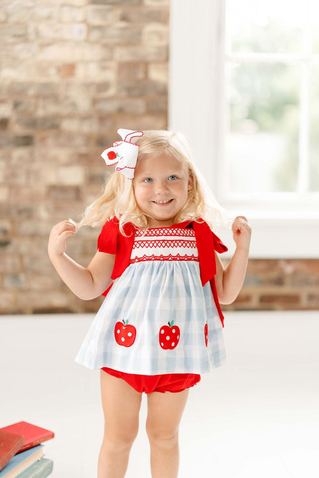 The Smocked Flamingo Apparel & Accessories Smocked Apple Red/Blue Gingham Tie Bloomer Set