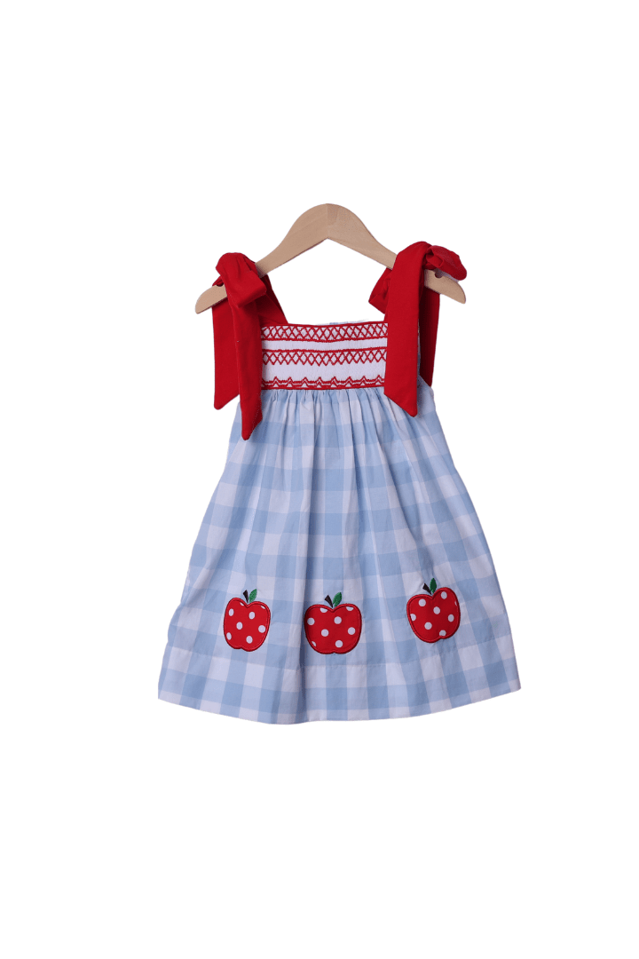 The Smocked Flamingo Apparel & Accessories Smocked Apple Red/Blue Gingham Tie Dress