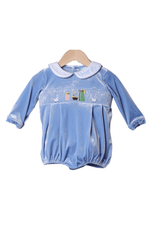 The Smocked Flamingo Apparel & Accessories Smocked Away In a Manger Blue Velvet Bubble