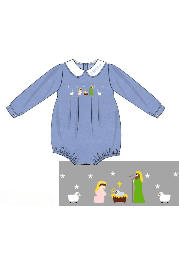 The Smocked Flamingo Apparel & Accessories Smocked Away In a Manger Blue Velvet Bubble