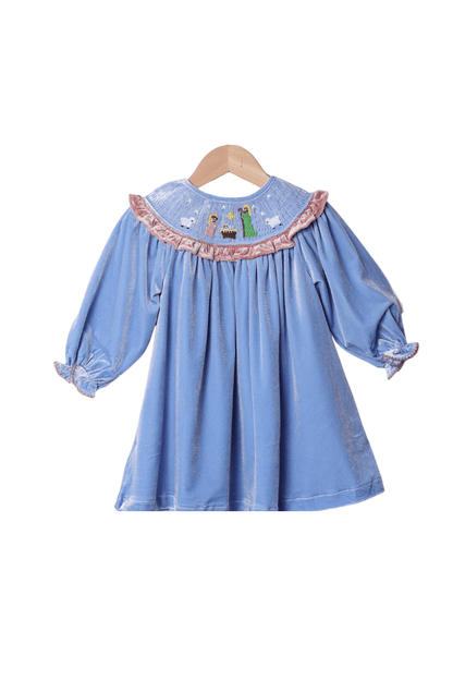 The Smocked Flamingo Apparel & Accessories Smocked Away In a Manger Blue Velvet Dress