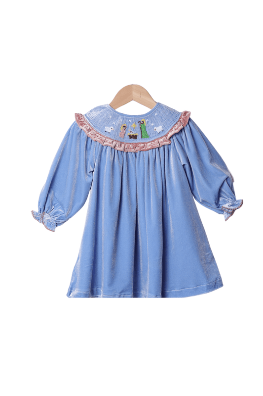 The Smocked Flamingo Apparel & Accessories Smocked Away In a Manger Blue Velvet Dress