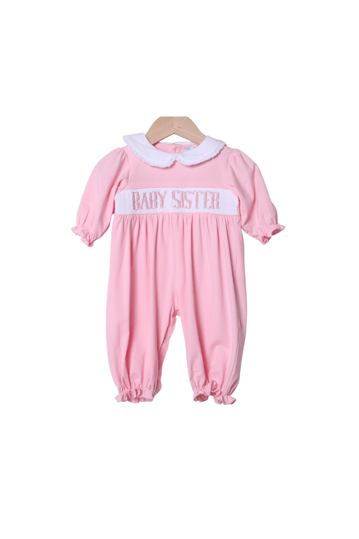 The Smocked Flamingo Apparel & Accessories Smocked Baby Sister Pink Footed Romper
