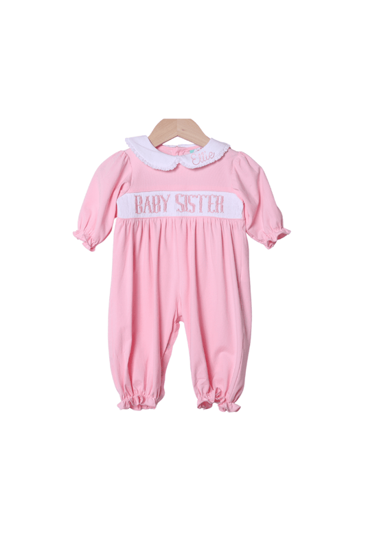 The Smocked Flamingo Apparel & Accessories Smocked Baby Sister Pink Footed Romper