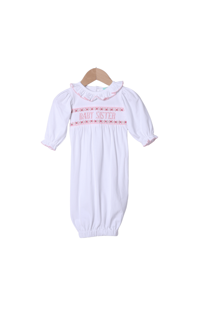 The Smocked Flamingo Apparel & Accessories Smocked Baby Sister White Layette Gown