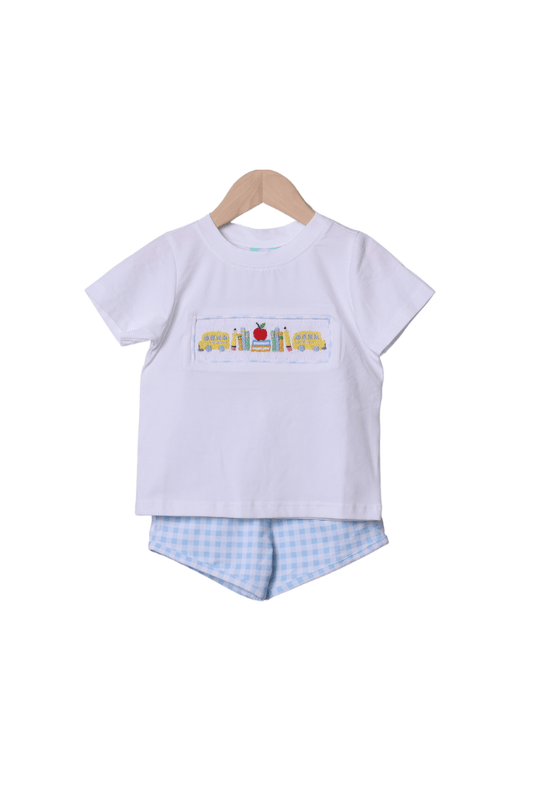 The Smocked Flamingo Apparel & Accessories Smocked Back To School Blue Gingham Short Set