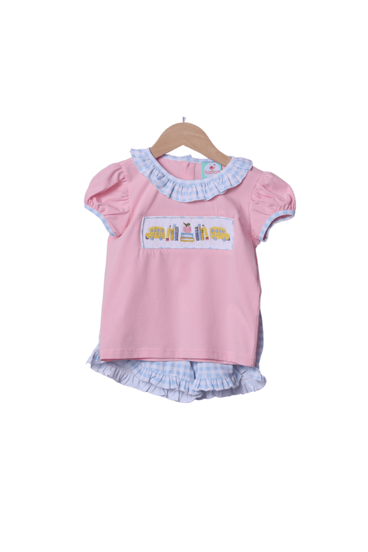 The Smocked Flamingo Apparel & Accessories Smocked Back To School Pink/Blue Gingham Ruffle Short Set