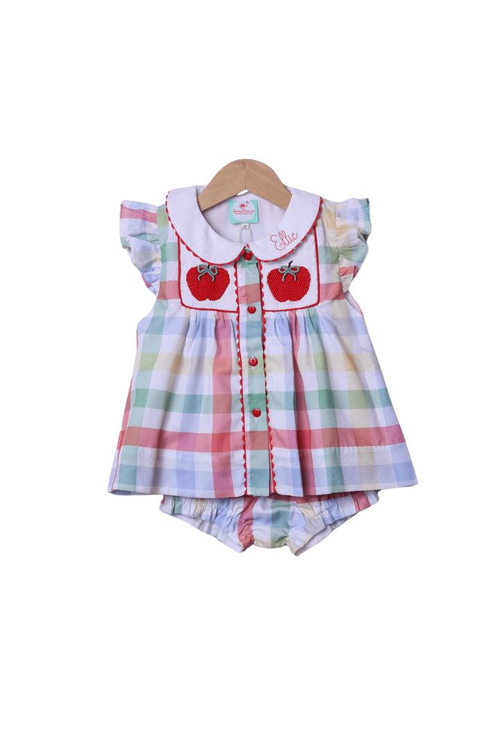 The Smocked Flamingo Apparel & Accessories Smocked Back To School Plaid Apple Bloomer Set