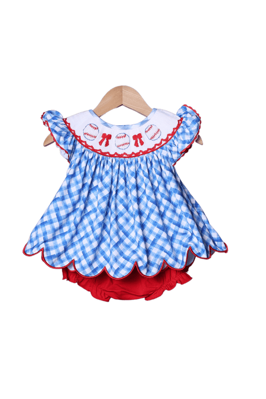 The Smocked Flamingo Apparel & Accessories Smocked Baseball Red and Blue Plaid Bloomer Set