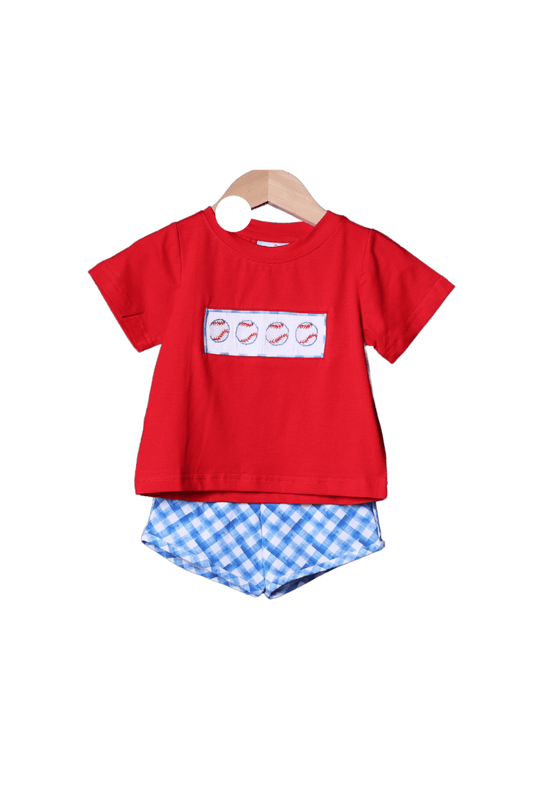 The Smocked Flamingo Apparel & Accessories Smocked Baseball Red and Blue Plaid Short Set