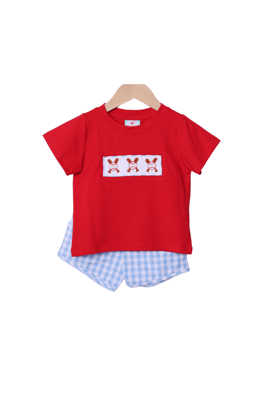 The Smocked Flamingo Apparel & Accessories Smocked Baseball Red/Blue Gingham Shorts Set