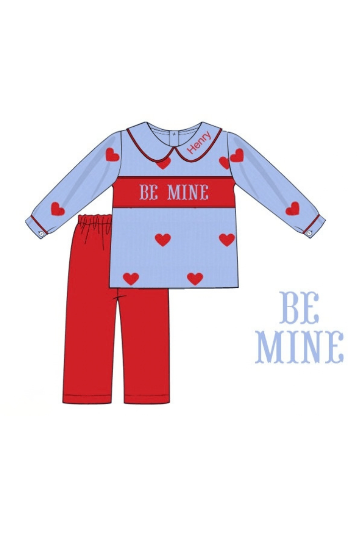 The Smocked Flamingo Apparel & Accessories Smocked Be Mine Blue Corduroy Pant Set