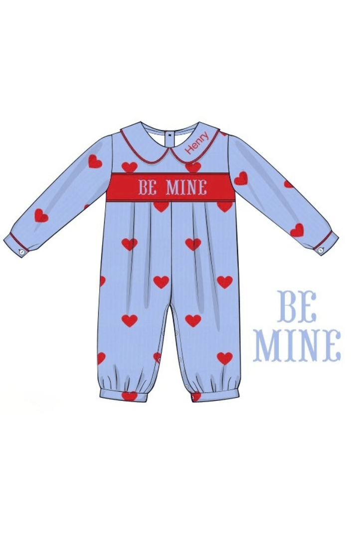 The Smocked Flamingo Apparel & Accessories Smocked Be Mine Blue Corduroy Romper