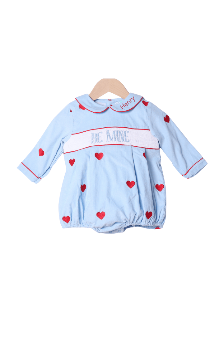 The Smocked Flamingo Apparel & Accessories Smocked Be Mine Embroidered Heart Blue Corduroy Bubble