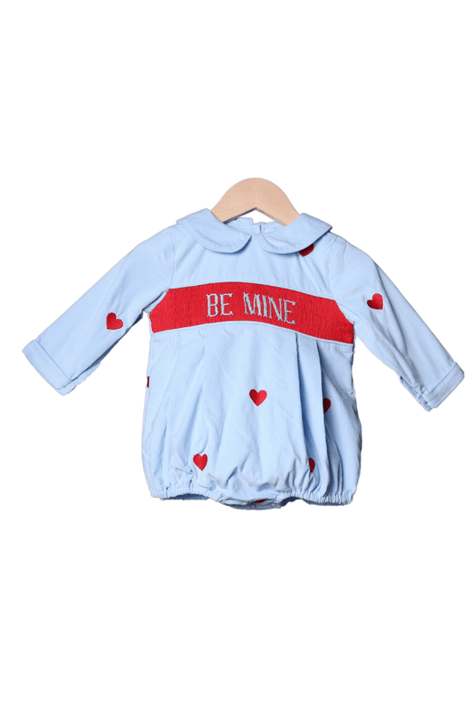 The Smocked Flamingo Apparel & Accessories Smocked Be Mine Embroidered Heart Blue Corduroy Bubble