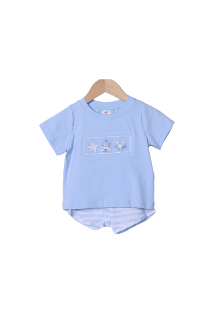 The Smocked Flamingo Apparel & Accessories Smocked Beach Fun Blue Stripe Short Set