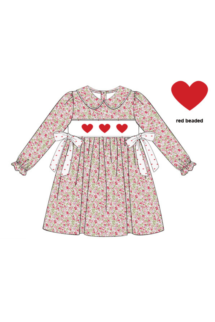 The Smocked Flamingo Apparel & Accessories Smocked Beaded Heart Floral Dress