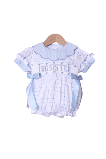 Smocked Little Sister Blue and White Swiss Dot Bow Bubble